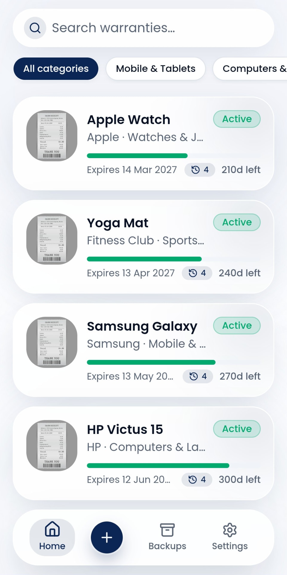 List of saved warranties in Warranty Wallet