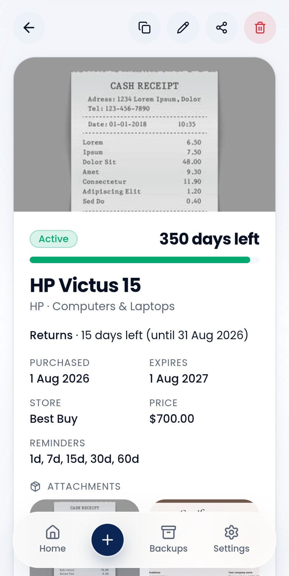 Warranty details screen with receipt photo and claim history